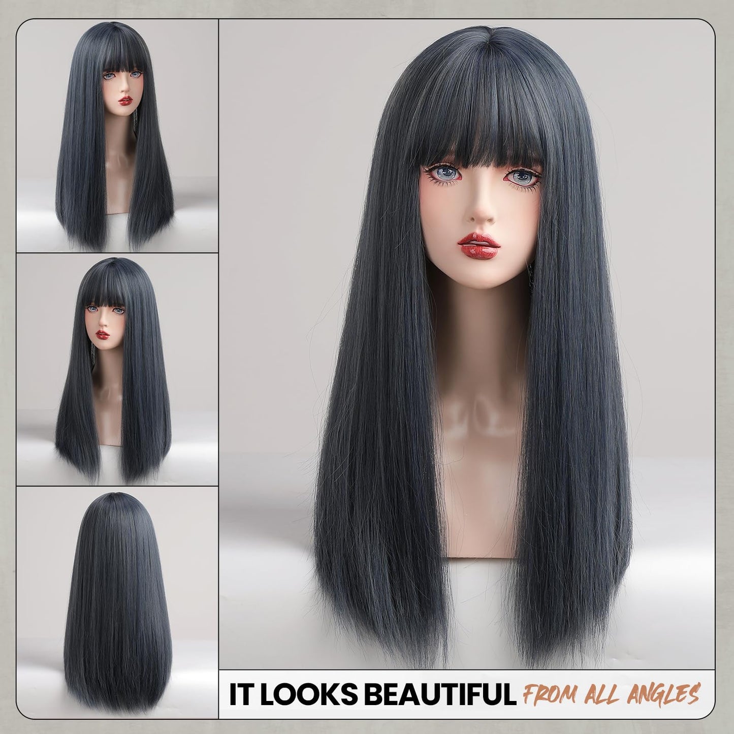 EMMOR Grey Blue Wig With Bangs For Women Long Straight Wigs Synthetic For Girls Halloween Party Cosplay And Daily Use(26" Mixed Blue)