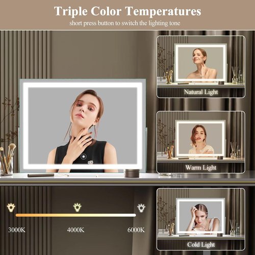 Gvnkvn Ligheted Vanity Mirror with Lights, 14" x 12" LED Makeup Mirror, 3 Modes Light, Smart Touch Control Dimmable, 360°Rotation, Rectangle White Frame