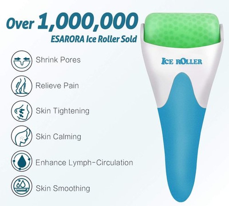 ESARORA Ice Roller, Ice Roller for Face & Eye, Puffiness, Migraine, Pain Relief and Minor Injury, Skin Care Products with 2 Roller (1 Plastic Roller & 1 Stainless Steel Roller)