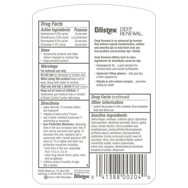 Blistex Deep Renewal Lip Protectant Sunscreen Balm, 0.13 Ounces (3.69g) (Value Pack of 4)