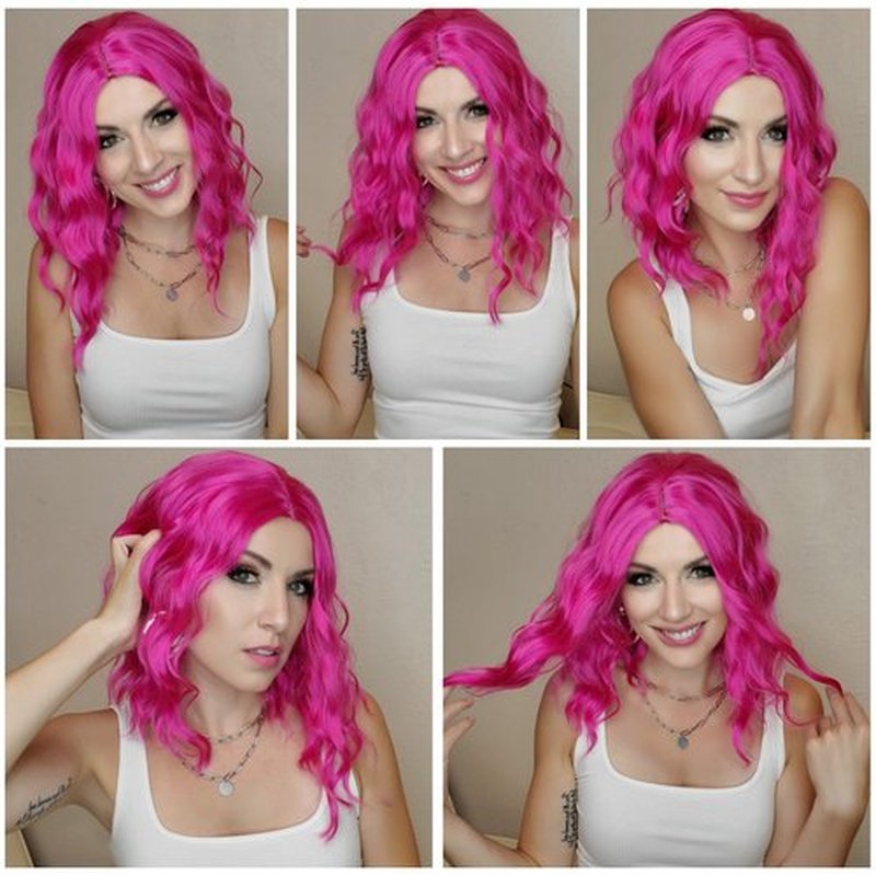 BEAUTIFA Hot Pink Wig for Women Wavy Curly Pink Bob Wigs Middle Part 14 Inch Shoulder Length Heat Resistant Synthetic Colorful Wig
