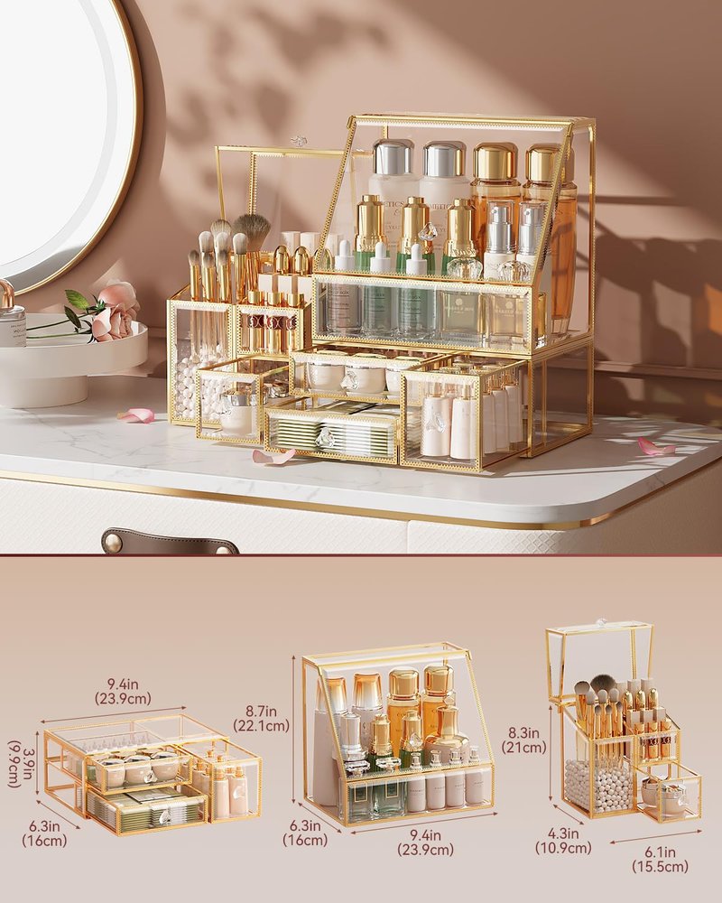 CoralHouse Clear Makeup Organizer with Gold Frame – Countertop Vanity Organizer for Skincare, Lipsticks, Perfume & Brushes – Bathroom Cosmetic Storage Display Box