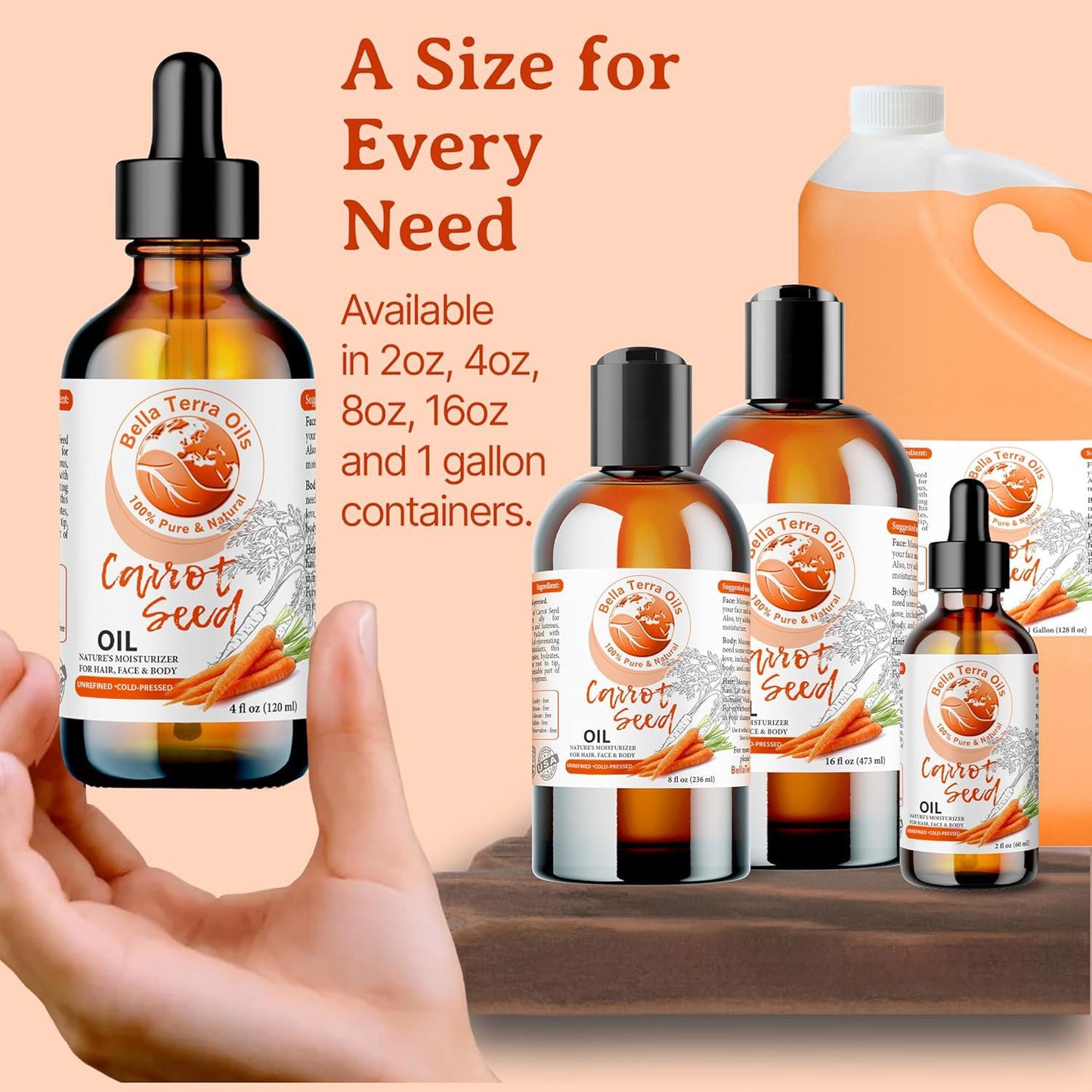 Bella Terra Oils - Natural Carrot Seed Oil 2oz - Enriched with Carotene & Essential Nutrients, Elevate Your Skin Care Regimen with This Luxurious Oil