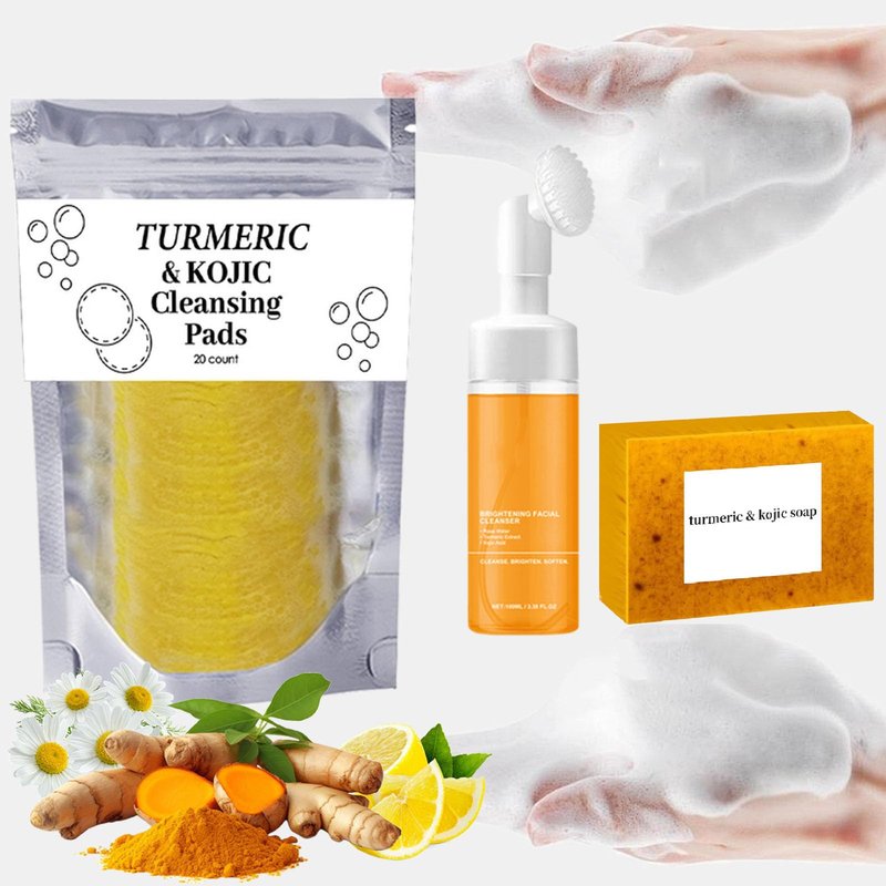Turmeric Wash and Care Three Piece Set, Turmeric Soap, Turmeric Face Wash With Brush & Facial Cleansing Pads, Moisturizing Exfoliating Skincare Set for Face and Body