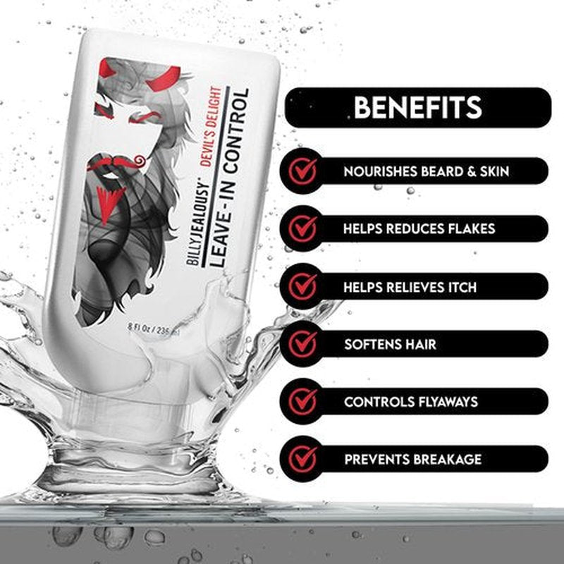 Billy Jealousy Devils Delight Beard Control Leave in Beard Conditioner for Men with Aloe Leaf Juice, Hops Extract & Witch Hazel, Softens Hair and Skin, Light Hold with Matte Finish, 8 Fl Oz