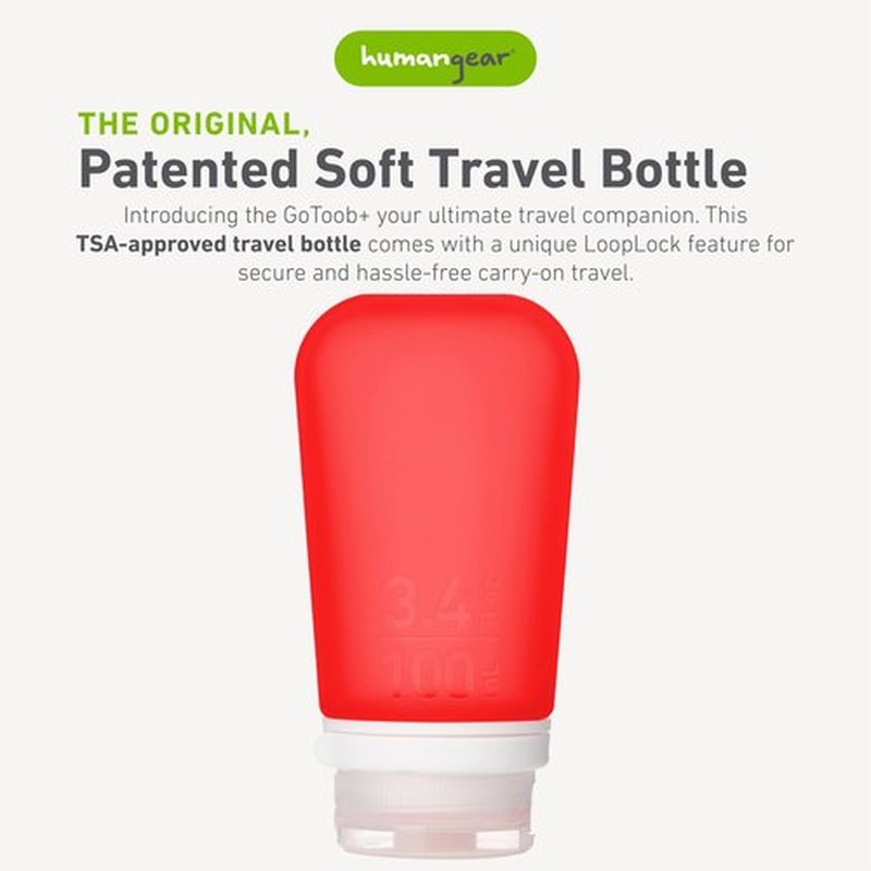 humangear GoToob+ (Large) | Refillable Silicone Travel Bottle | Locking Lid | Food-Safe Material | Red, Large (3.4 fl.oz.; 100ml)