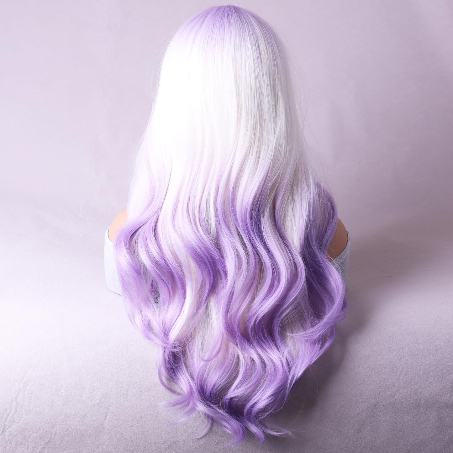 RightOn Purple Ombre Wig Long Wavy Wig Ombre Purple Wig with Bangs Purple Wigs with Wig Cap
