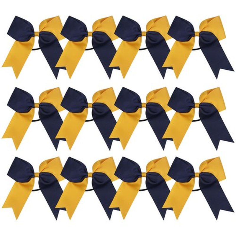 Cheer Bows 6 Inch 2 Color Ponytail Holder Hair Tie 16 Pcs Hair Bow Cheerleader Bows Hair Tie (Navy Blue/Gold)