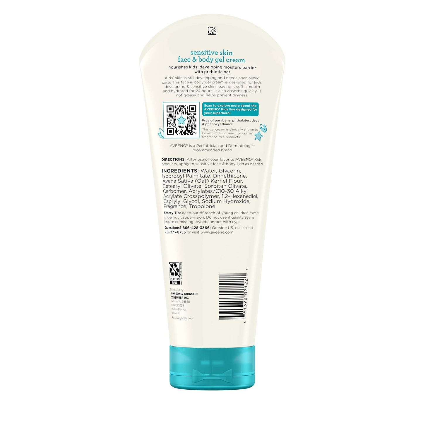 Aveeno Sensitive Skin Face & Body Gel Cream for Kids with Prebiotic Oat, Clinically Proven 24 Hour Hydration for Soft Skin, Quick Drying and Lightweight, Hypoallergenic, 8 oz