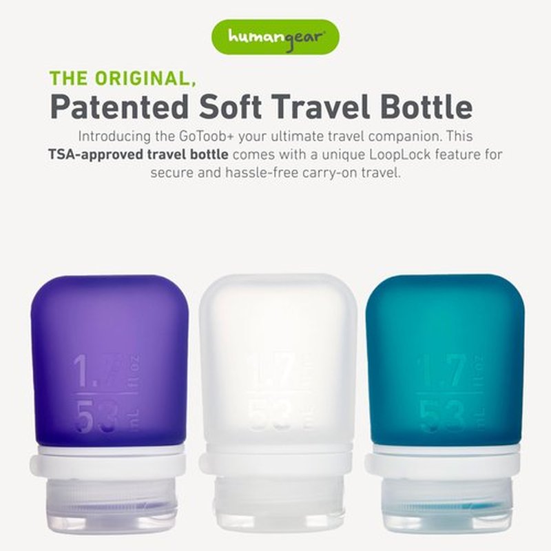 humangear GoToob+ Refillable Silicone Travel Size Bottles with Locking Cap, 3pk Set, Clear/Purple/Teal, Small (1.7 fl.oz; 53ml)