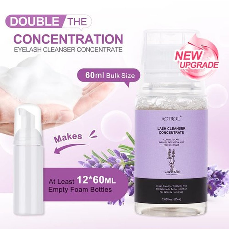 ACTROL Eyelash Cleanser Concentrate 60ml Lavender Professional Lash Shampoo Foaming Cleanser DIY Wash for Extensions Lashes with Salon Home Care-Makes 12 Bottles