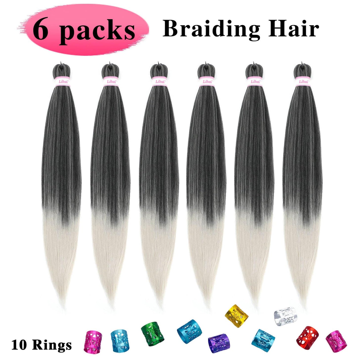 32 Inch Pre Stretched Braiding Hair Ombre Grey Long Crochet Braid Hair Yaki Braiding Hair Pre Stretched Hot Water Set Synthetic Braids(1B/Grey, 6packs, 32inch)