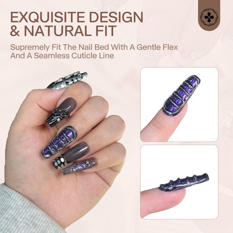 Ricefod Press on False Nails Handmade Black Silver Fake Nails with Snake Pattern Design 10 Pcs Reusable Luxury Nails Press on Nails Coffin Cool Style (Size:Small)