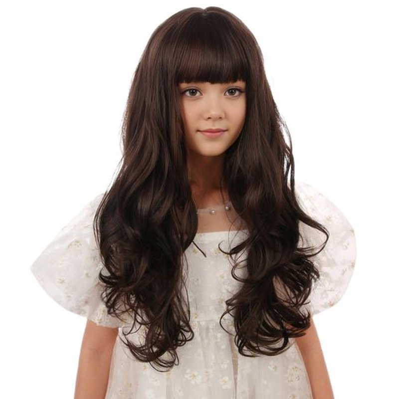 Edivd Kids Mixed Brown Wig Long Dark Brown Wig with Flat Bangs for Child Girls Long Brown Wavy Curly Wig Heat Resistant Synthetic Wig with Wig Cap
