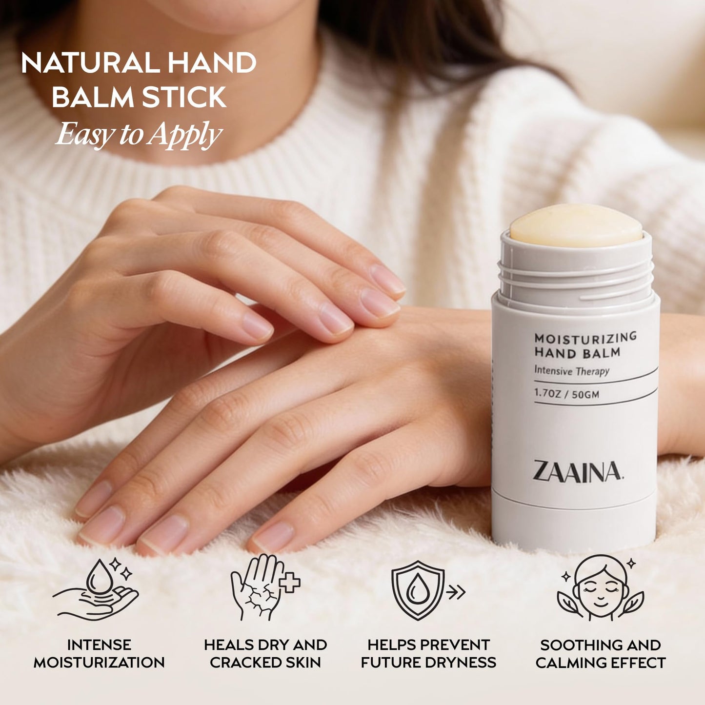 ZAAINA Hand Balm Stick for Dry Cracked Hands – Intensive Hand Repair Balm with Shea Butter, Coconut Oil & Beeswax – Natural Solid Hand Lotion for Working Hands, Climbers & Extreme Dry Skin – 1.7 oz