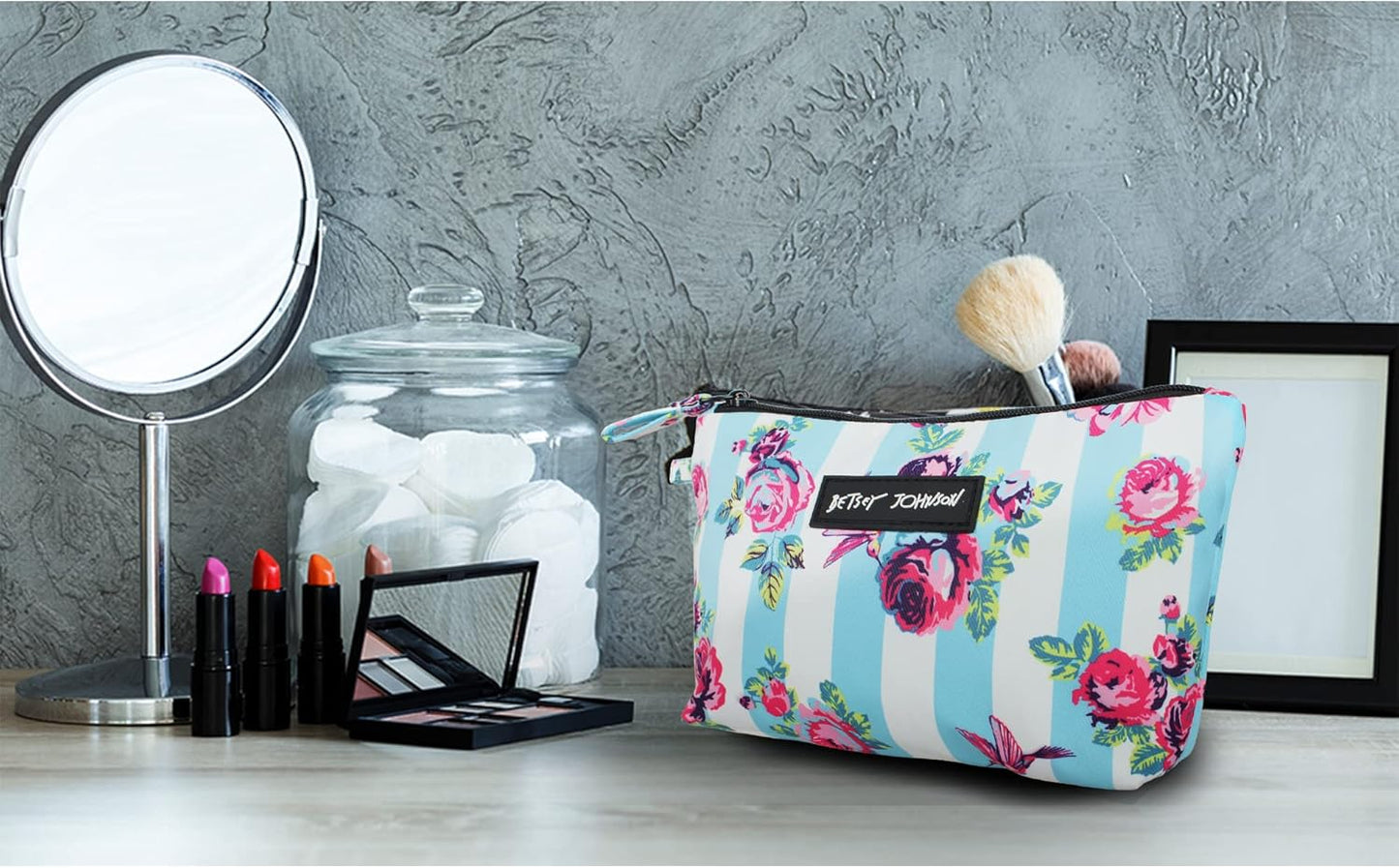 Betsey Johnson 8.5 Inch Zipper Cosmetic Pouch Small Toiletry Bag–Lightweight Durable Polyester Organizer with Inner Zipped Pocket Good For Makeup Accessories and Travel Needs (Covered Rose)