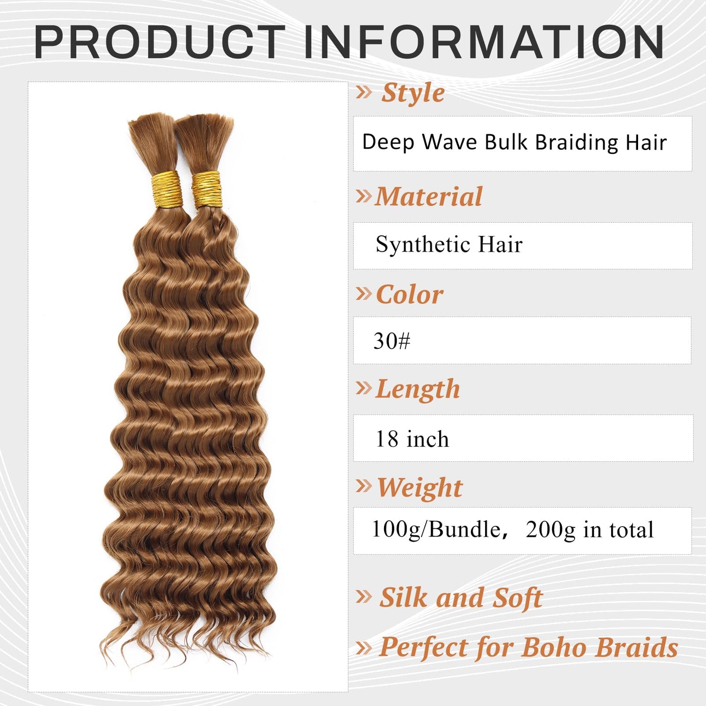 Dorsanee Deep Wave Bulk Hair for Braiding 18 Inch 2 Bundles 200g Brown Curly Braiding Hair for Boho Braids No Weft Wet and Wavy Braiding Hair Extensions (#30,100g/bundle)
