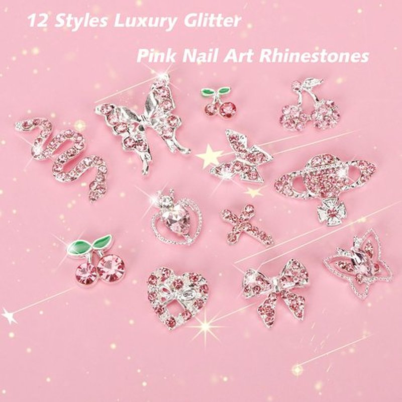 CUBLIVE 24PCS Nail Charms Y2k Alloy Nail Art Rhinestone Charms 3D Heart Bow Butterfly Charm with Rhinestones Cherry Nail Gems Shiny Jewelry Nail Decorations Accessories Supplies (P-AD24)