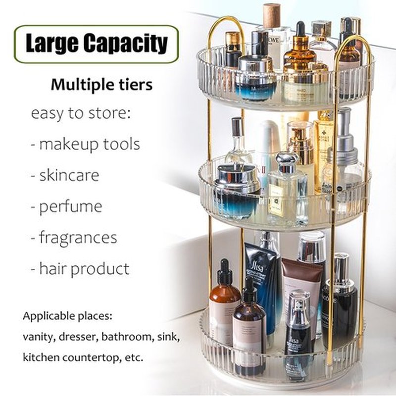 Zufudo Rotating Makeup Organizer 3 Tier Lazy Susan Trays Skincare Perfume Organizer for Bathroom Counter Vanity, Transparent