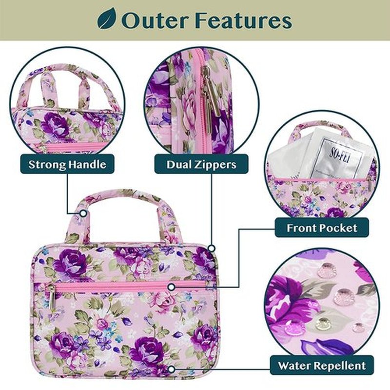 PAVILIA Hanging Toiletry Bag Travel Bag Women Men, Foldable Cosmetic Organizer, Roll up Makeup Bag, Water Resistant Accessories Toiletries, Large Travel Essentials Kit (Purple Floral)