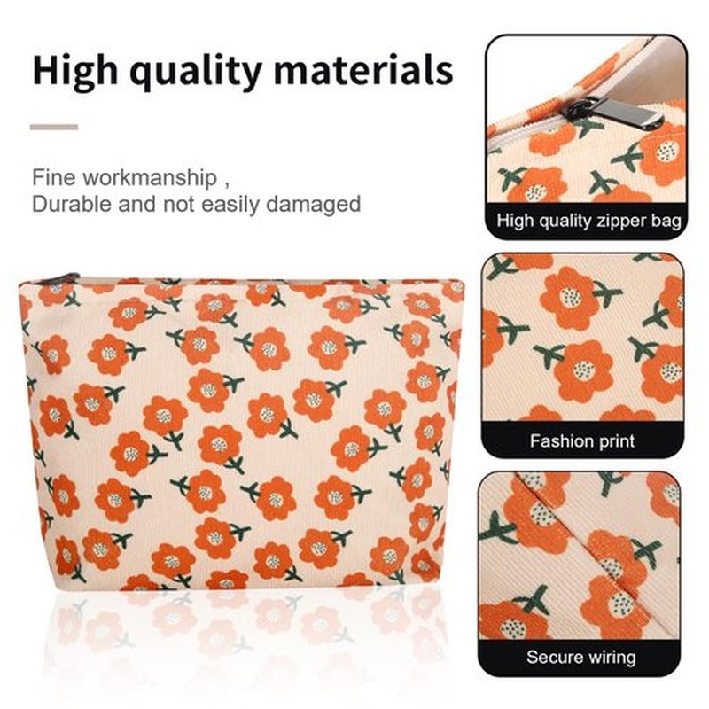 Wudimeitt Cosmetic bag Makeup bag Preppy Cute Corduroy Toiletry bag for women travel essentials (Flower orange)