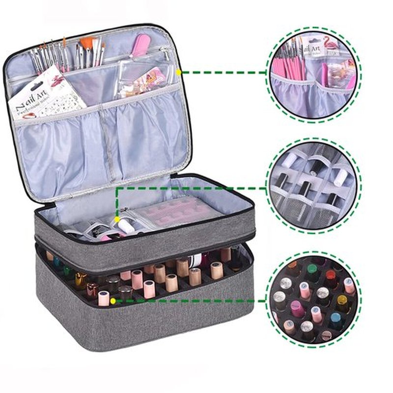 LYFFXYH Nail Polish Carrying Case, Portable Nail Polish Holder Holds 42 Bottles(15ml), Double-layer Storage Bag for Nail Polish and Manicure Set (Grey-Holds 42 Bottles)