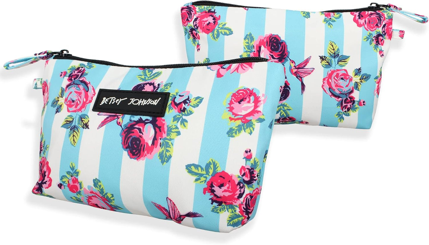 Betsey Johnson 8.5 Inch Zipper Cosmetic Pouch Small Toiletry Bag–Lightweight Durable Polyester Organizer with Inner Zipped Pocket Good For Makeup Accessories and Travel Needs (Covered Rose)