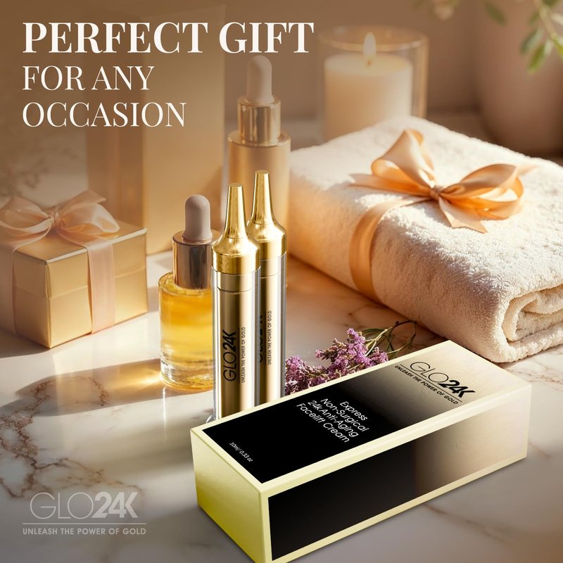 GLO24K Instant Facelift Cream with 24k Gold, Hyaluronic Acid, Peptides, and Vitamins A,C,E - Non-Invasive Alternative to Injections for Fast Results