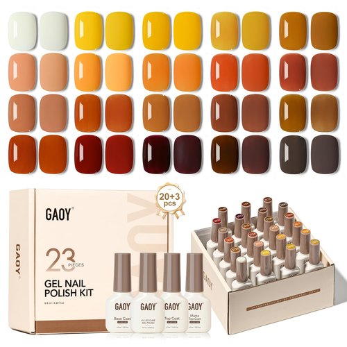 GAOY 23 Pcs Gel Nail Polish Kit, Orange Yellow Brown Fall Colors UV Gel Nail Polish Set with Glossy & Matte Top Coat and Base Coat for Nail Art Home DIY Gel Nail Kit
