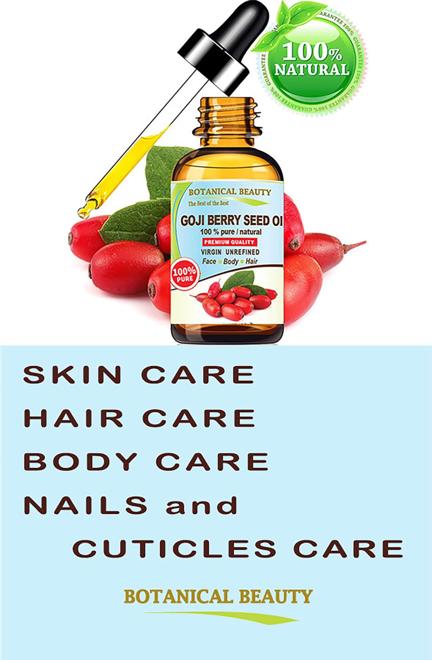 Botanical Beauty GOJI BERRY SEED OIL Lycium Barbarum Himalayan 100% Pure Natural Virgin Unrefined Cold Pressed Carrier Oil 0.5 Fl. Oz.- 15 ml for FACE, SKIN, DAMAGED HAIR, NAILS