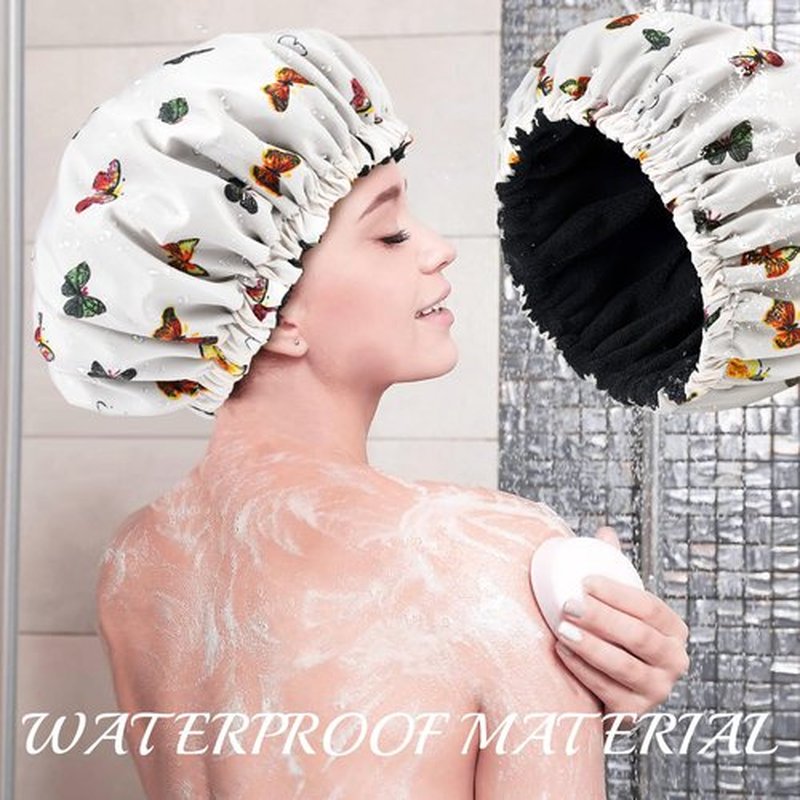 Shower Cap for Women Terry Lined Bath Cap Large Reusable Waterproof Elastic Band Butterfly Shower Caps for Long Thick Hair Soft Bath Shower Hair Caps