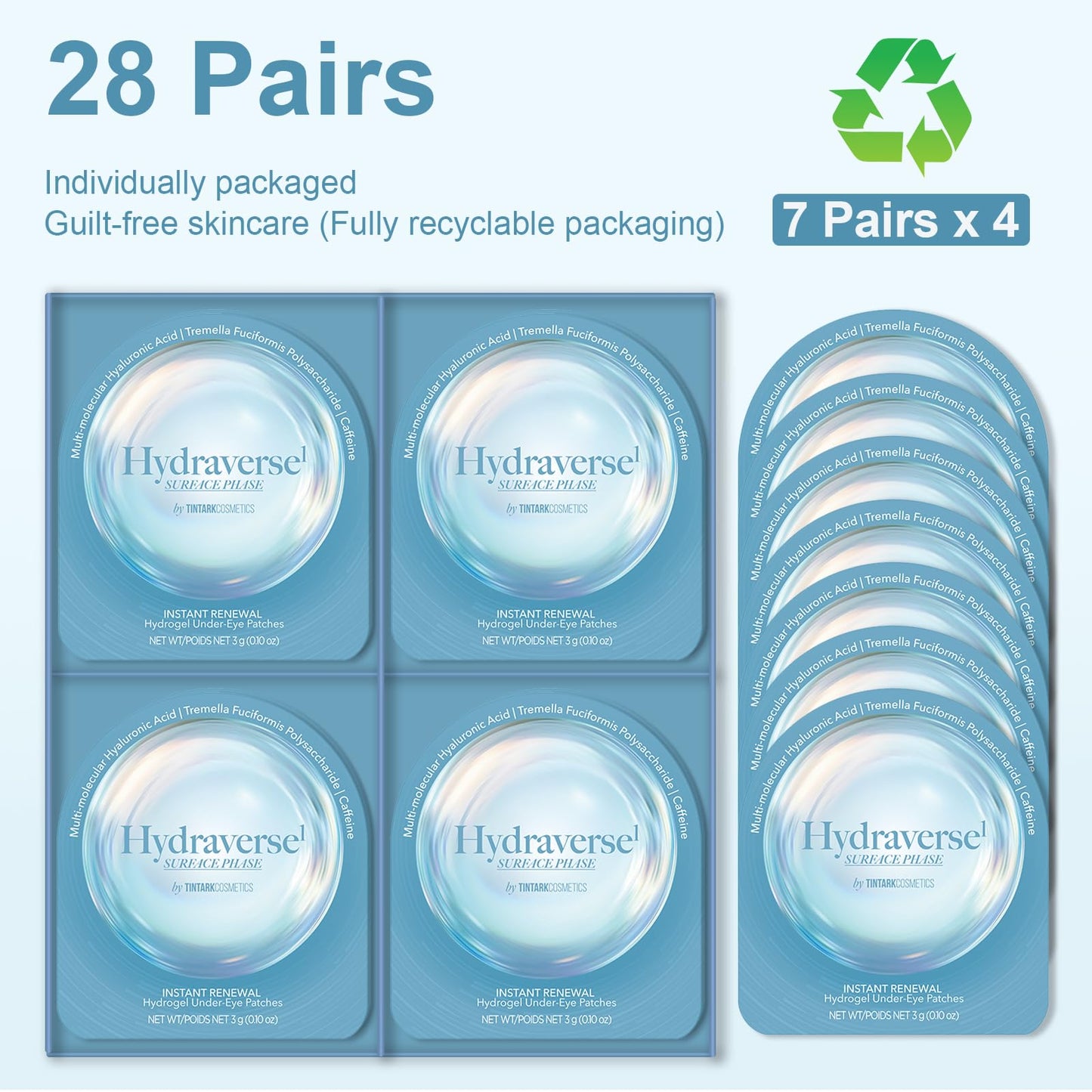Tintark Hydraverse Surface Phase Hydrogel Under Eye Patches, 28 Pairs Individually Wrapped Multi-HA Tremella Caffeine Eye Masks for Dry Under Eyes, Puffy Eyes & Makeup Prep