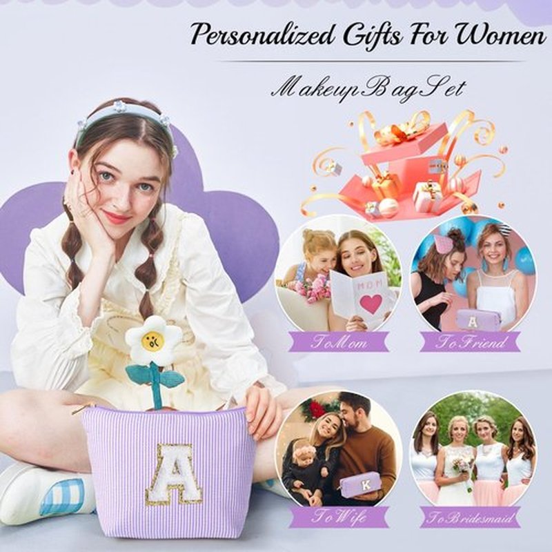 YOOLIFE Preppy Stuff Tween Girls Gifts 2 Pieces Monogram Makeup Pouch Makeup Organizer Bag Beauty Bag Personalized Friend Sister Wife Wedding Bride Birthday Gifts for Women Her Preppy Makeup Bag S