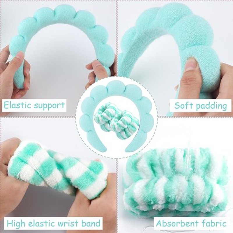 Zkptops Spa Headbands for Washing Face or Facial Sponge Makeup Skin Care Headband Wristband Set Towel Bubble Soft Hairband for Women Girls Puffy Winter Non Slip Thick Thin Hair Accessory(Turquoise-3)