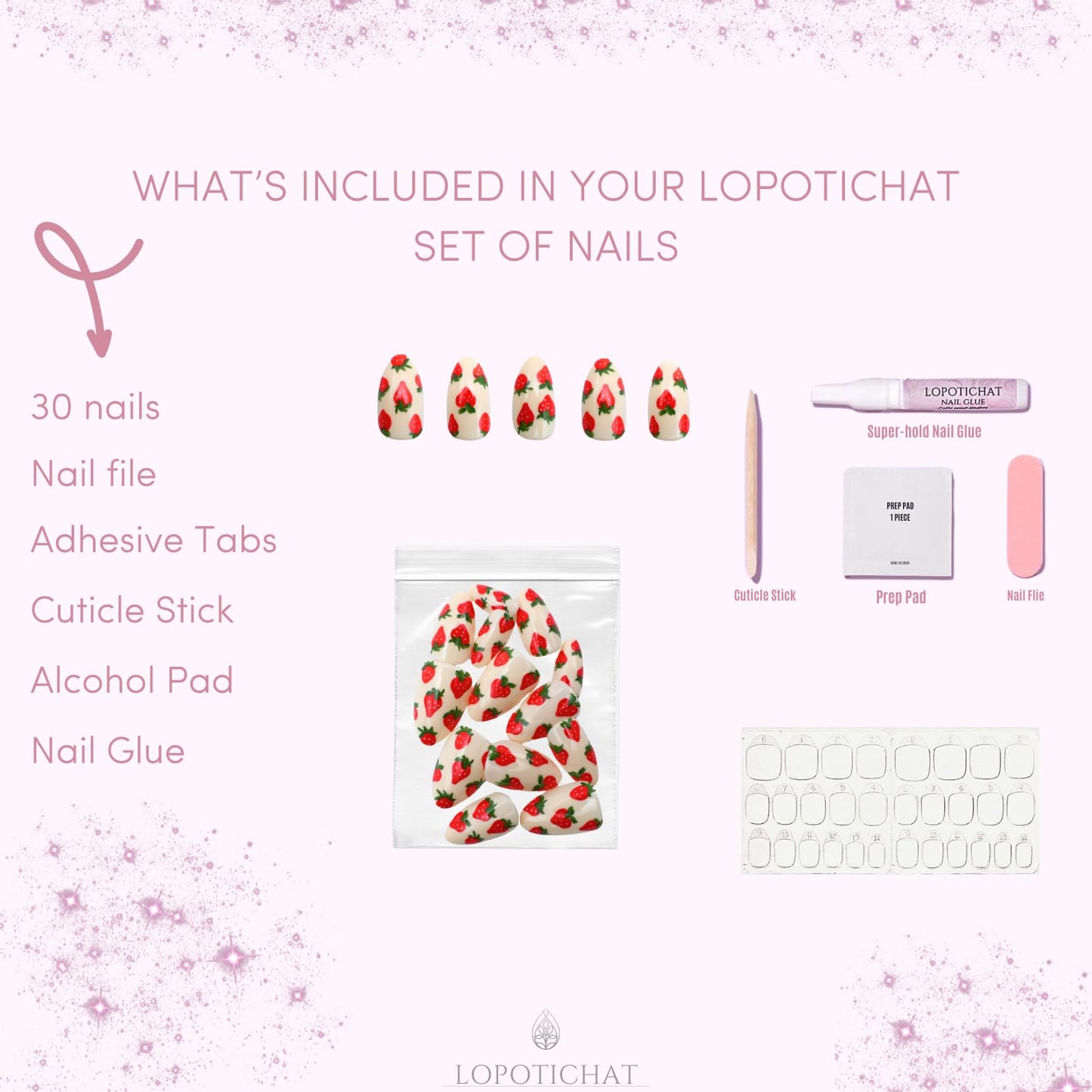 Lopotichat Ultra-Resistant Gel Press-On Nails Set - 30 Nails in 15 Sizes for Perfect & Natural Fit - Reusable Manicure for DIY Salon-Quality Nails at Home (Strawberries)