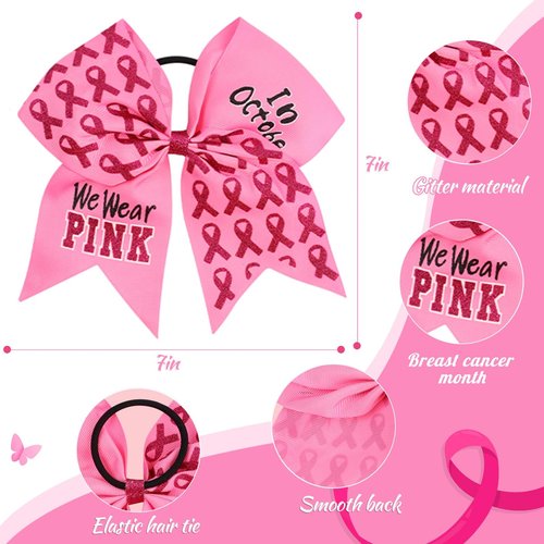 Subesty 4 Count Hair Tie, Large Breast Cancer Awareness Girls Cheerleader Hair Bow, 7 inch Grosgrain Ribbon, Set of 4, Pink, Elastic Ponytail Holder Style