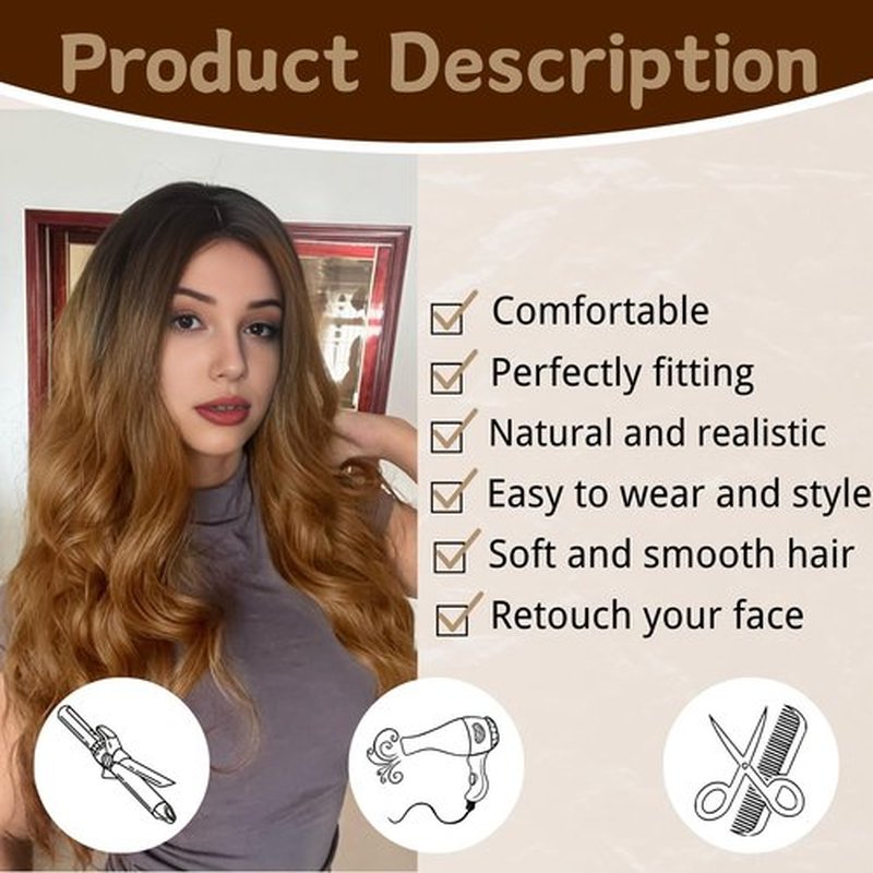 Long Ombre Brown Wig for Women 26 Inch Middle Part Wavy Women Charming Wigs Realistic Natural Looking Synthetic Heat Resistant Fiber Wig for Daily Party Use