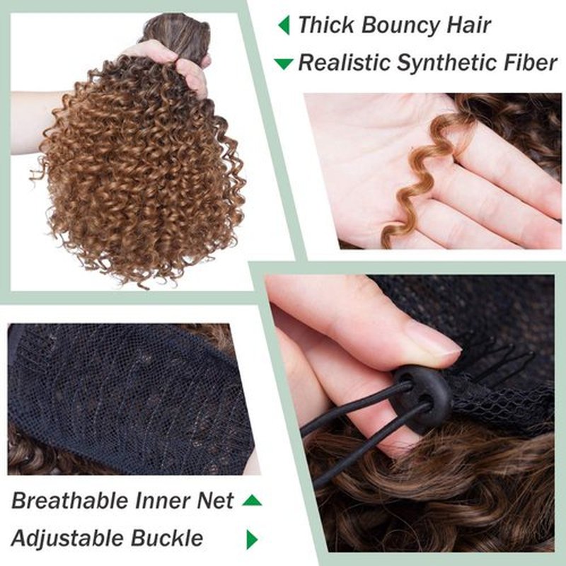 Hairro Afro Kinky Curly Ponytail Extensions Short Synthetic Hair 8 Inch Drawstring Deep Wave Puff Hairpieces for Black Women Ombre 1B/30 Auburn