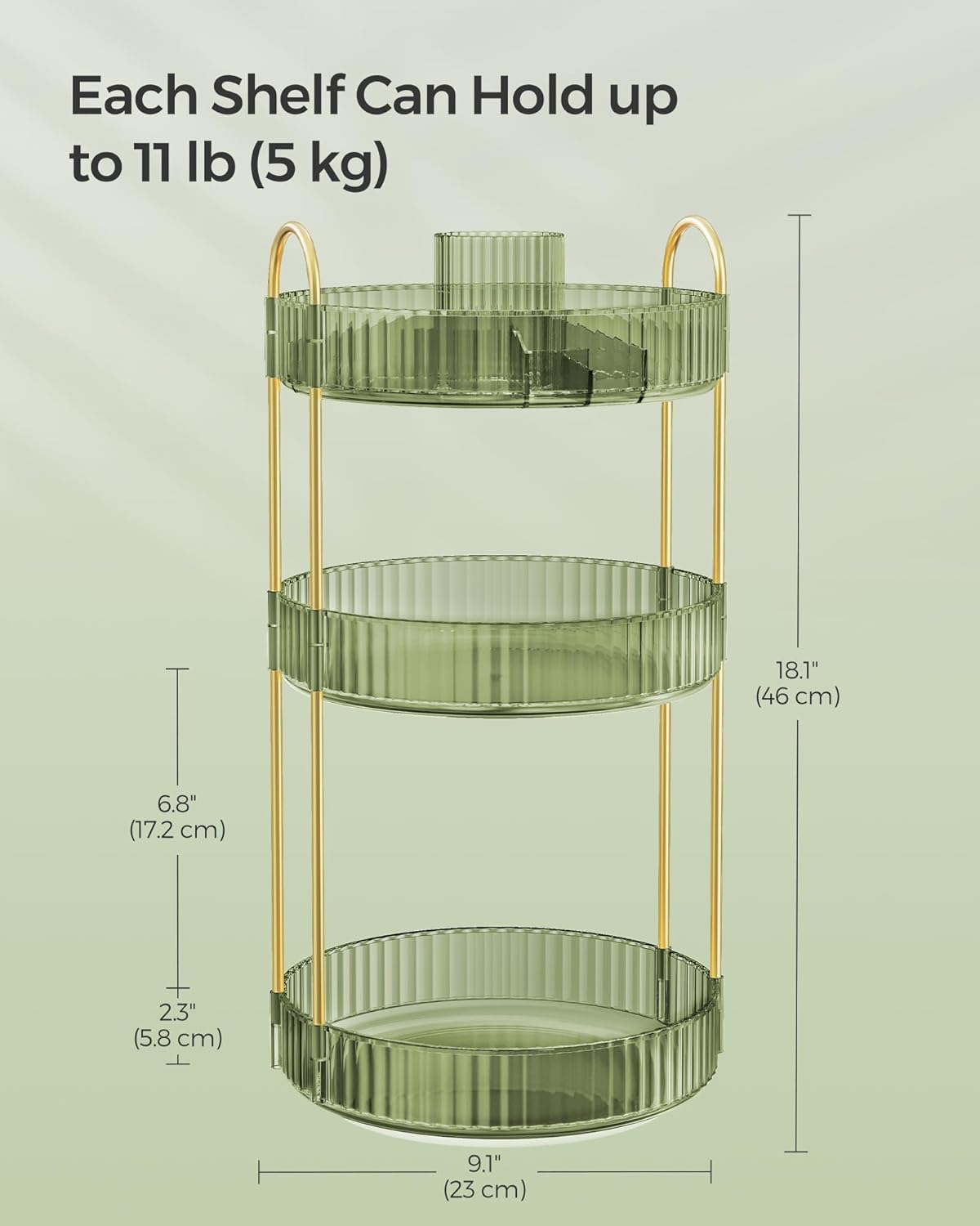 SONGMICS Makeup Organizer, 3-Tier Round Rotating Skincare Organizer Countertop, Customizable, Toiletries Vanity Organizer, Lazy Susan, Gift, Pale Green UJKA011C01