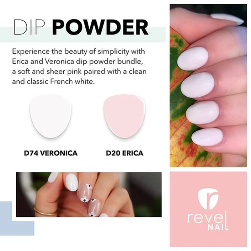 Revel Nail Dip Powder - Sheer Pink and French Powder Dip Nail Polish, Chip Resistant Dip Nail Powder with Vitamin E and Calcium, DIY Manicure, Erica & Veronica