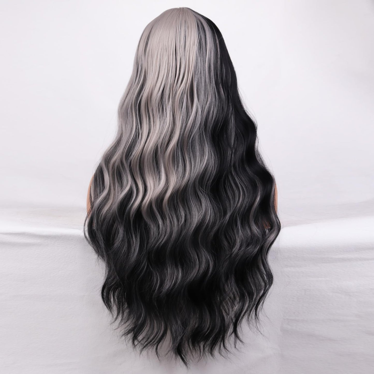 BERON 26 Inches Silver Grey Black Highlight Wig with Bangs Split Dye wig Long Wavy Synthetic Wig Light Grey Black Ombre Wigs for Daily Party