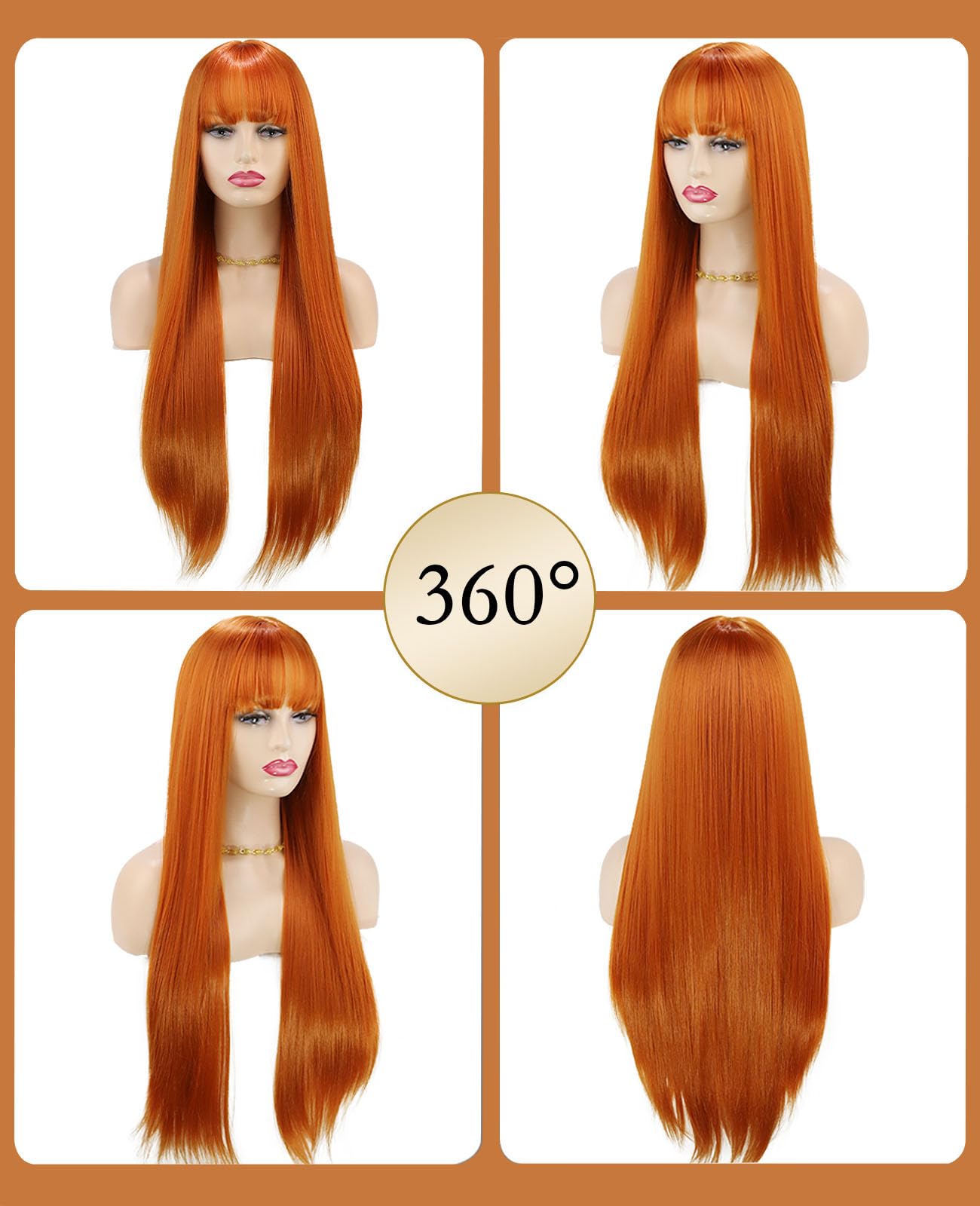MaxlaceWig Ginger Wig with Bangs for Women, 28 Inch Long Straight Orange Bangs Wigs Natural Looking Synthetic Heat Resistant Fiber Guleless Straight Wig for Daily Party Use Halloween Cosplay Wig