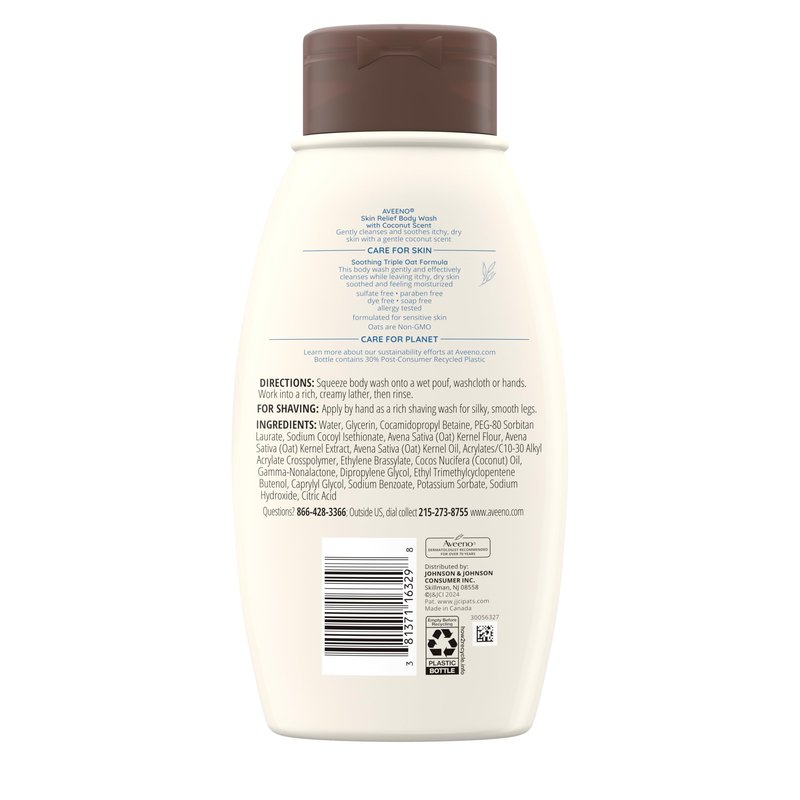 Aveeno Skin Relief Body Wash with Coconut Scent & Soothing Oat, Gentle Soap-Free Body Cleanser for Itchy, Dry & Sensitive Skin, Dye-Free & Allergy-Tested, 12 fl. oz