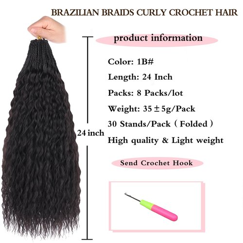 Xtrend Pre Looped Micro Brazilian Kinky Curly Crochet Hair 24 Inch 8 Packs Black Micro Curly Braiding Hair Extensions Synthetic Deep Wave For Mini Senegalese Twist Hair For Boho (30 Strands/Pack,1B#)
