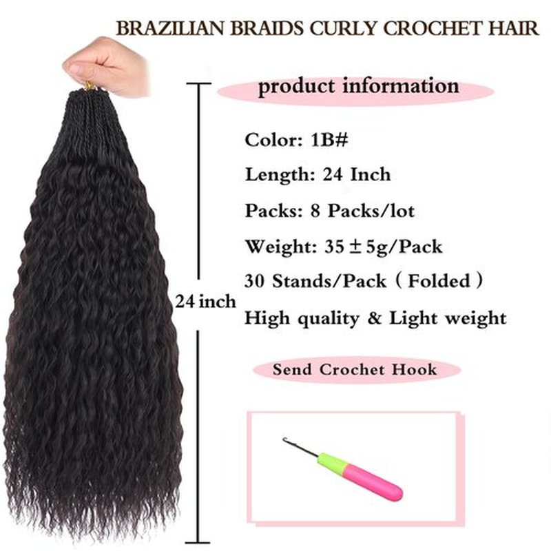 Xtrend Pre Looped Micro Brazilian Kinky Curly Crochet Hair 24 Inch 8 Packs Black Micro Curly Braiding Hair Extensions Synthetic Deep Wave For Mini Senegalese Twist Hair For Boho (30 Strands/Pack,1B#)
