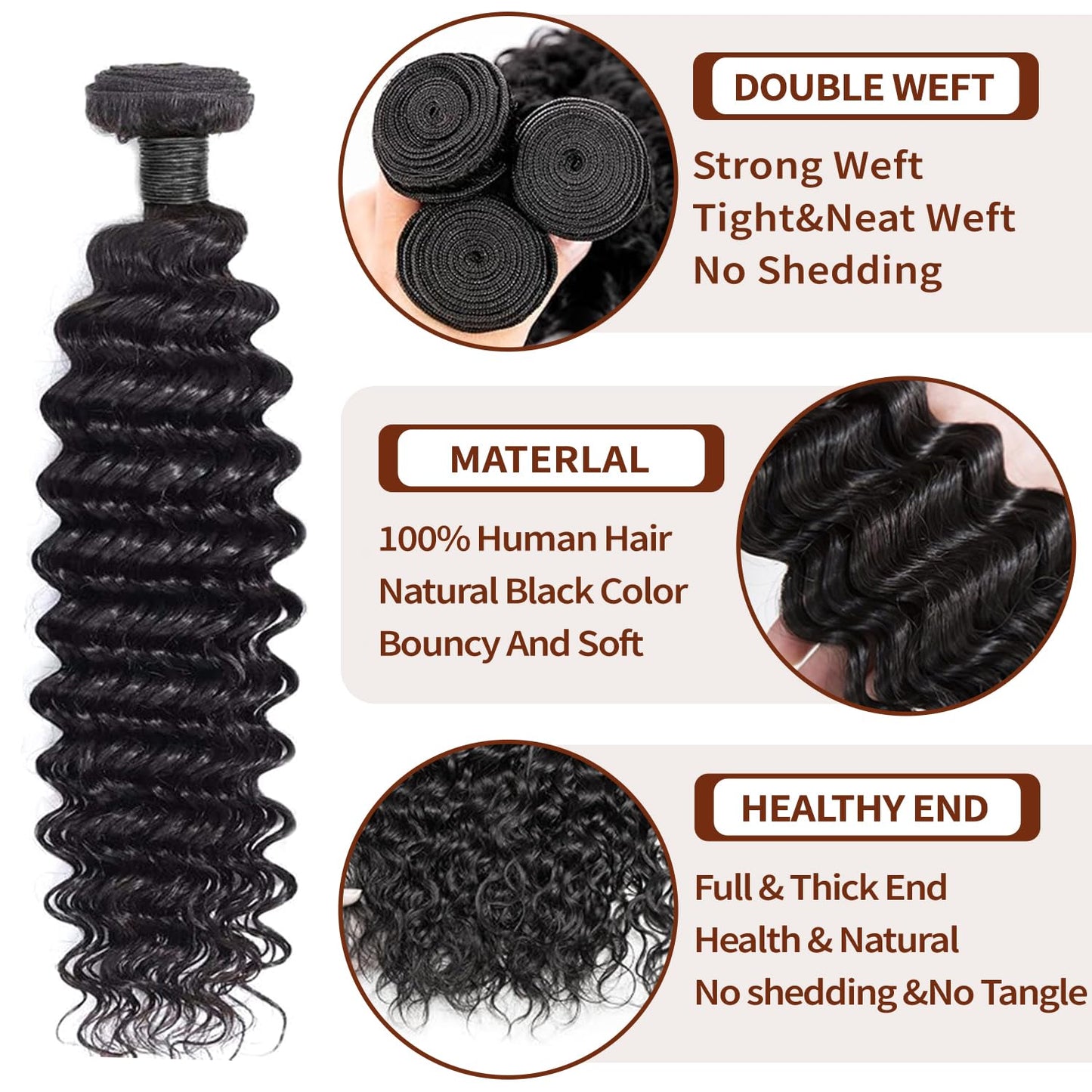Deep Wave Bundles Human Hair Brazilian Virgin Hair Weave 3 Bundles Deep Curly 12A Grade Unprocessed Human Hair Extensions Natural Black 100g/pc (Deep Wave Bundles Human Hair, 24 26 28)