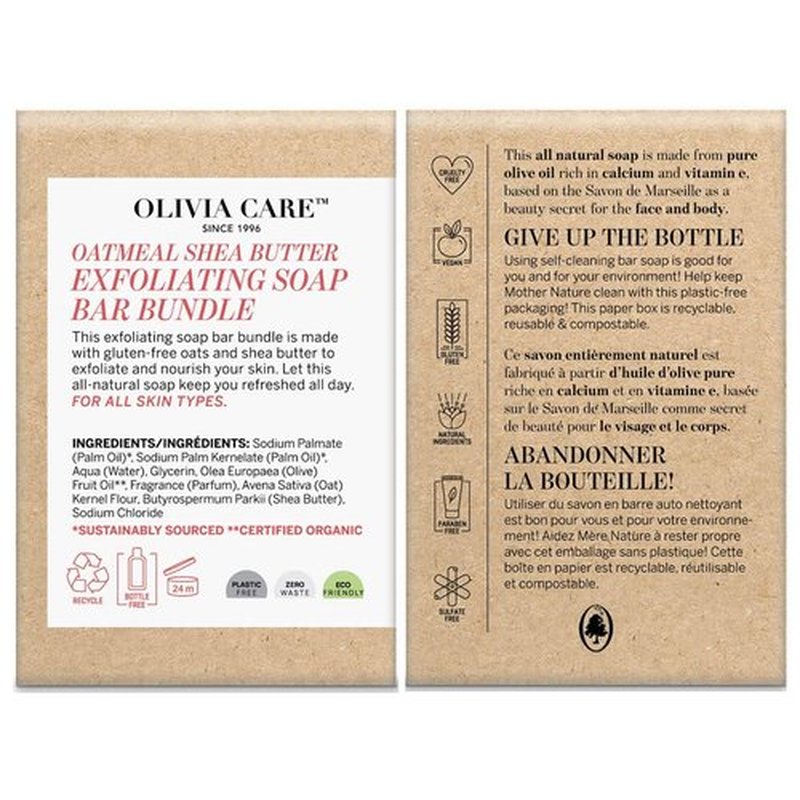 Olivia Care Exfoliating Bar Soap Pack by – 100% Natural & Organic - Infused with Shea Butter & Oats - Deep Clean, Refreshing, Moisturizing & Hydrating - Triple-Milled - X 5 OZ Oatmeal Shea Butter 3 Count (Pack of 3)