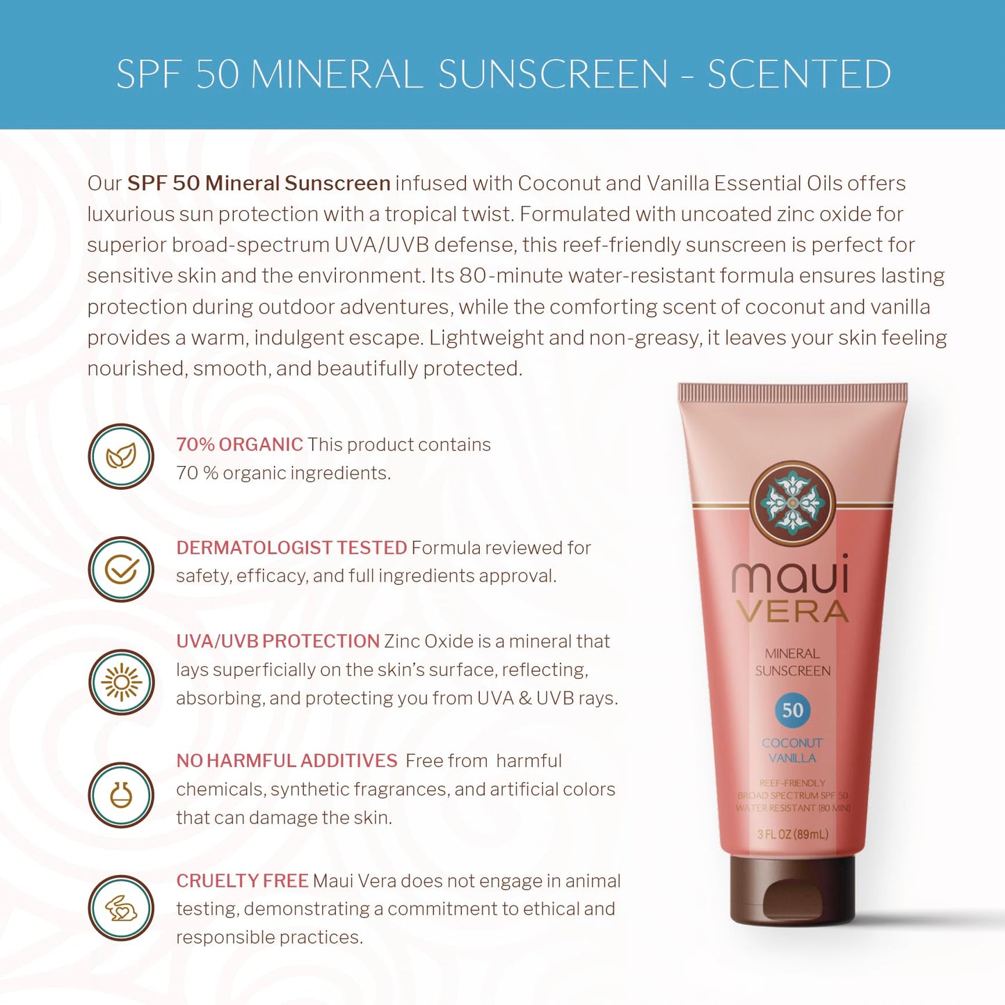 SPF 50 Mineral Sunscreen - Scented (3.0 oz) Water-Resistant up to 80 minutes, TSA Approved, Coconut and Vanilla