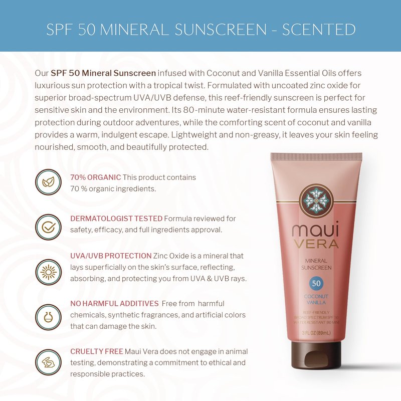 SPF 50 Mineral Sunscreen - Scented (3.0 oz) Water-Resistant up to 80 minutes, TSA Approved, Coconut and Vanilla