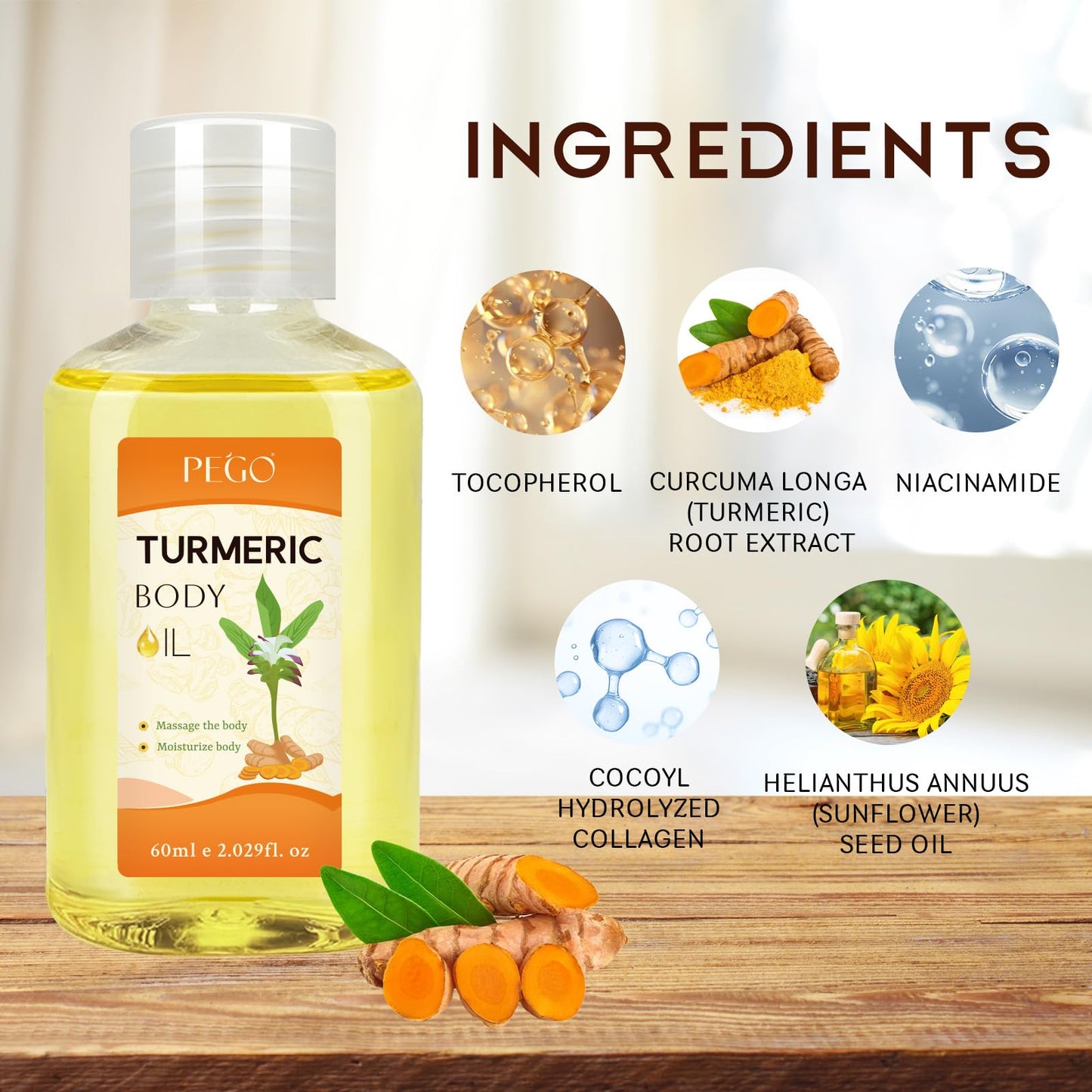 PEGO Turmeric Body Oil for Adults,Deep Moisturizing Massage Oil,Multi-Use for Face, Leg, Body, Hair Care, Foot & Buttock, Natural Turmeric Infused for Dry Skin Reliefs (1Pack)